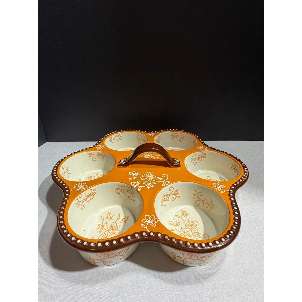 Temp-tations Floral Lace Orange Ceramic 6-Cup Muffin Pan with Handle Bakeware